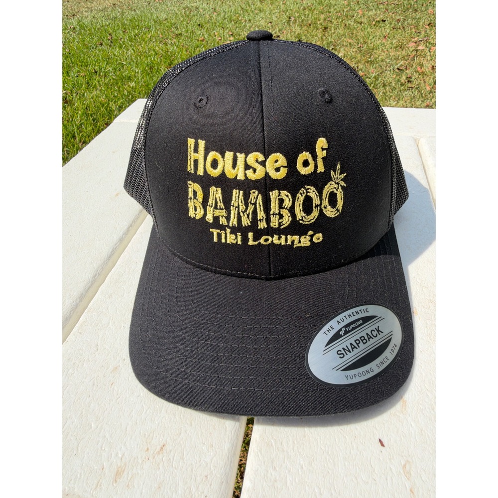 Yupoong House of Bamboo Tiki Lounge Trucker Hat Black Snapback Cap graphics